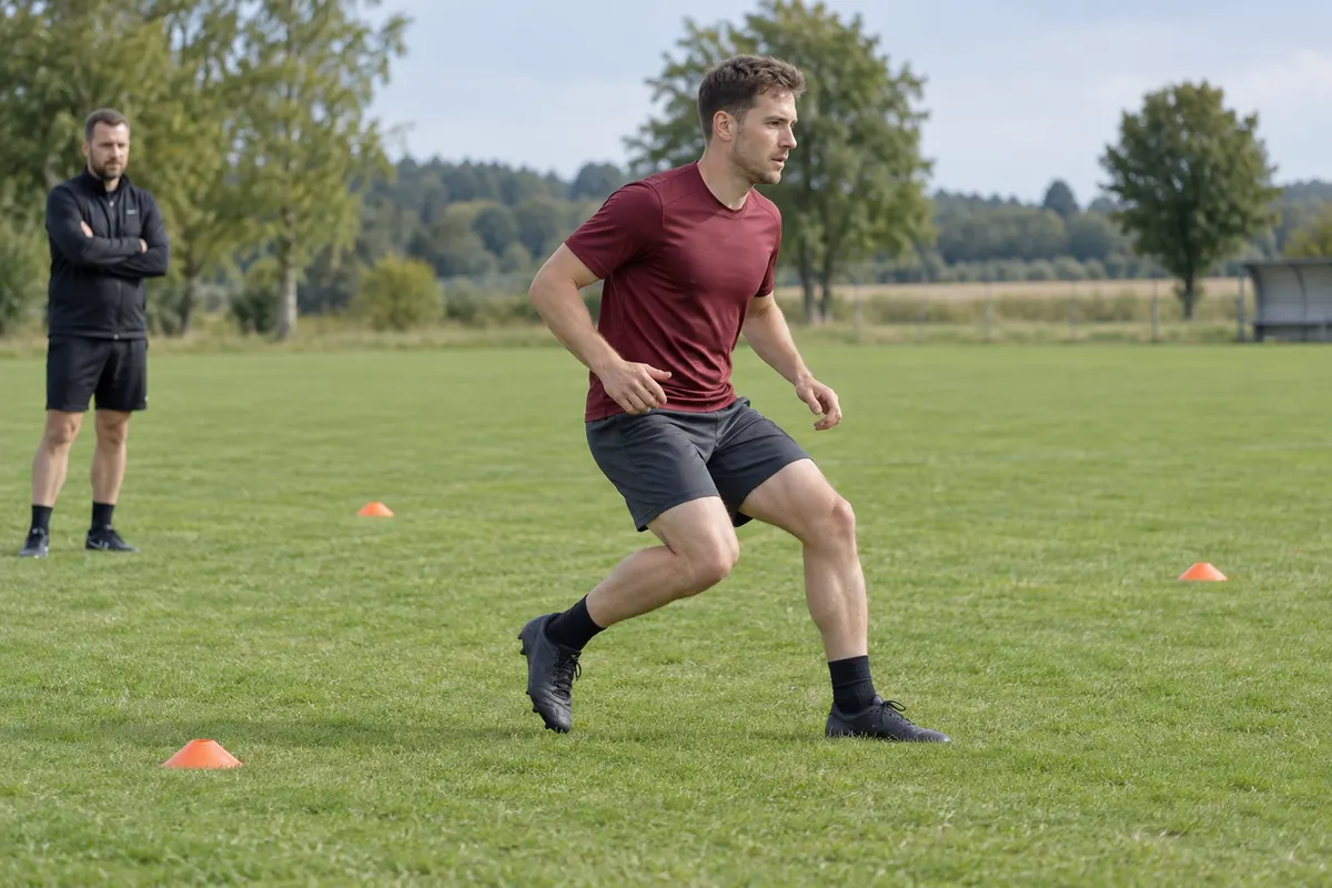 Erwachsener Fußballer in einer Bremsbewegung mit gebeugtem vorderen Knie; ein Trainer beobachtet seitlich außerhalb der Laufbahn