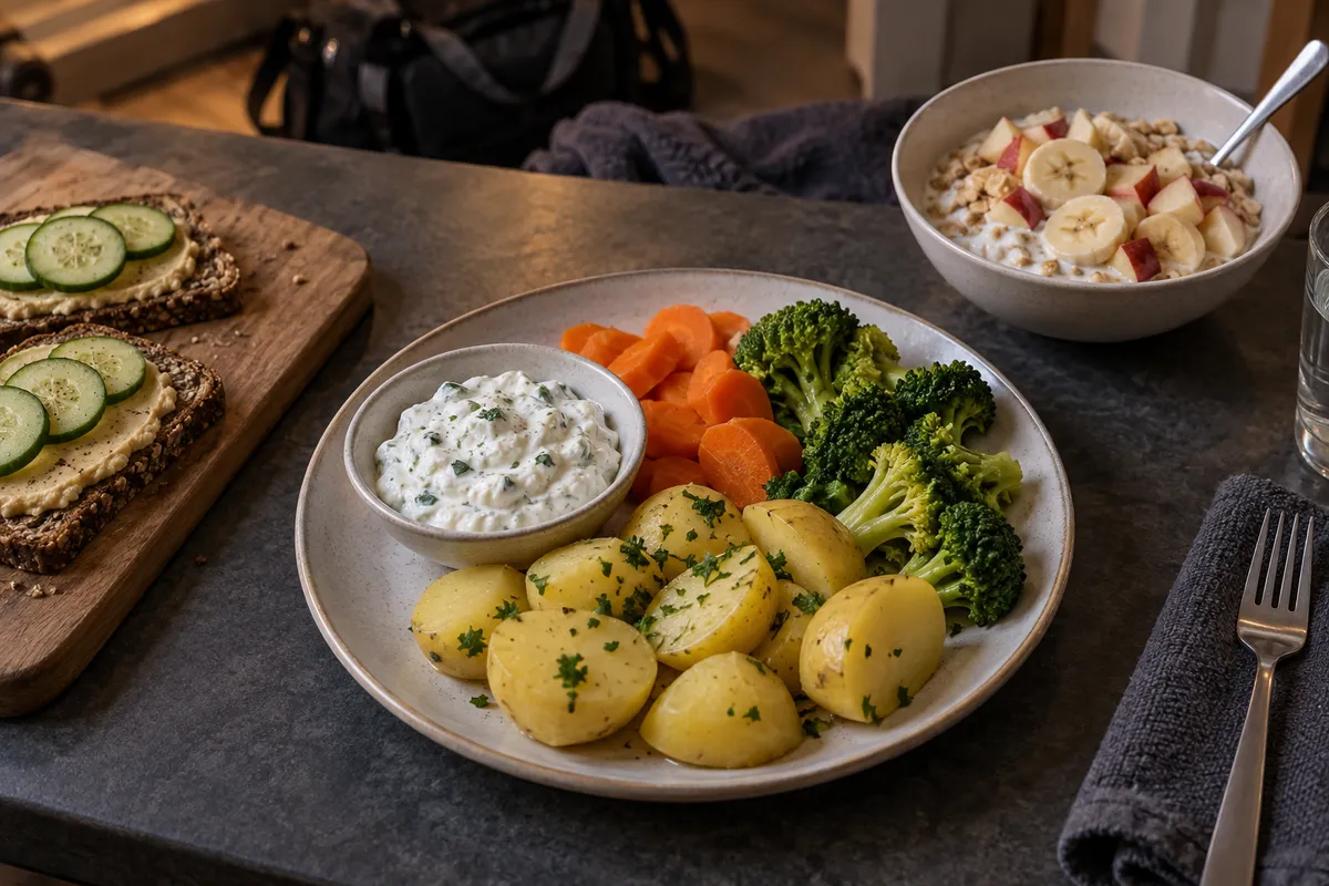 Drei Mahlzeiten auf einem Küchentisch: Kartoffeln mit Kräuterquark und Gemüse, Hummusbrote und eine Hafer-Joghurt-Schale mit Obst
