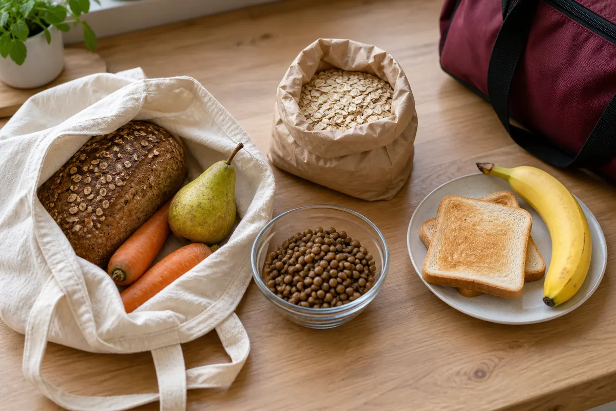 Haferflocken, Brot, Gemüse und gekochte Linsen auf einer Küchenfläche, daneben Toast und Banane bei einer Sporttasche