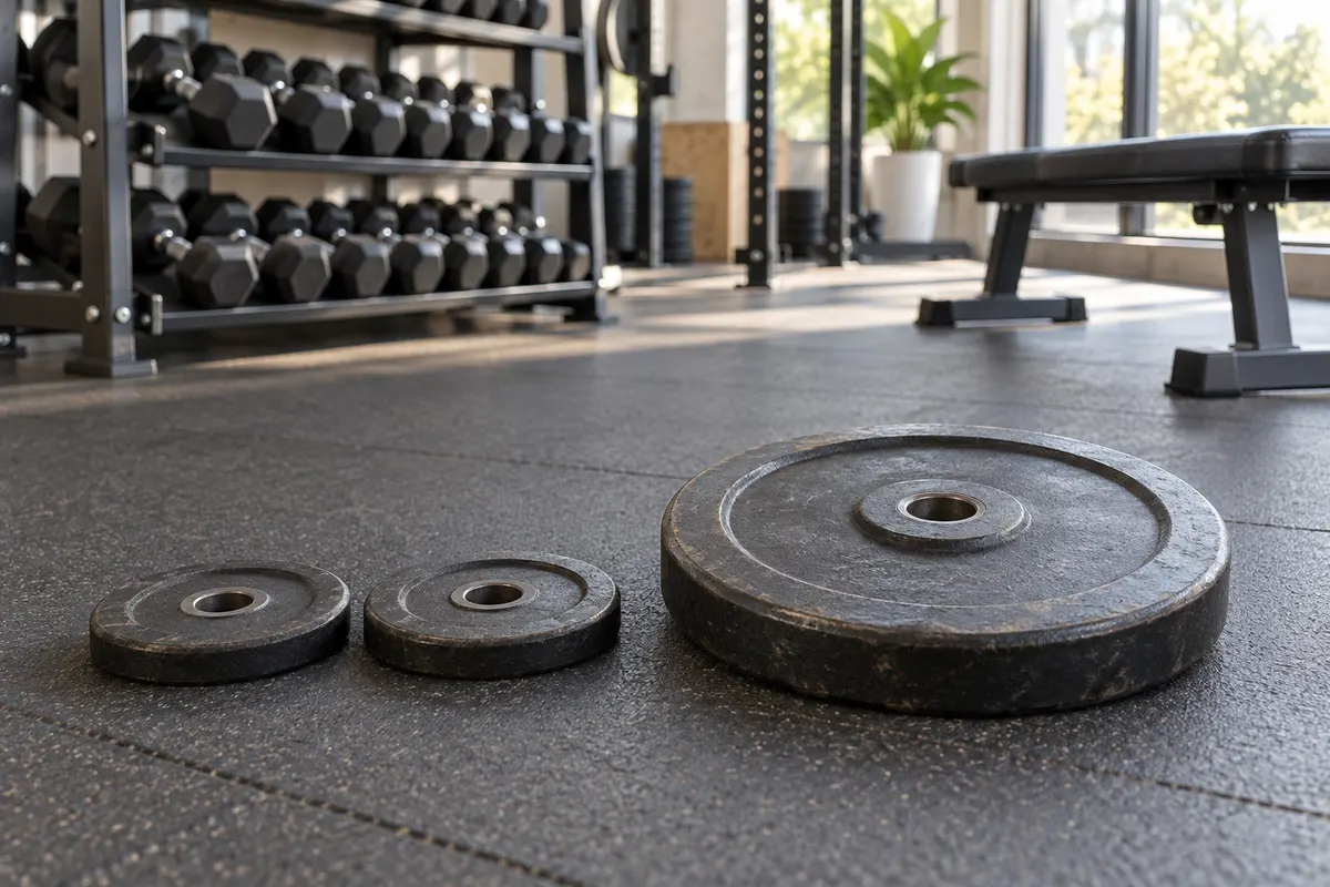 Zwei kleine und eine deutlich größere unbeschriftete Gewichtsscheibe liegen neben einer Trainingsbank auf einem Studioboden