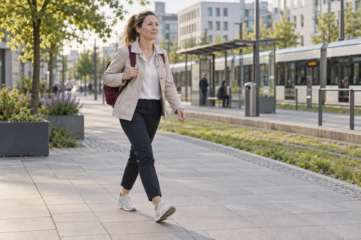 Eine Frau geht mit einem Rucksack auf dem Gehweg, im Hintergrund hält eine Straßenbahn