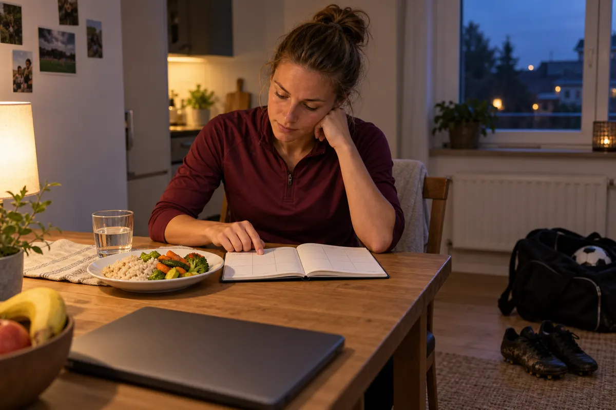 Eine erwachsene Fußballerin geht am Abend ihren Kalender durch; Essen, Laptop und Fußballtasche stehen bereit