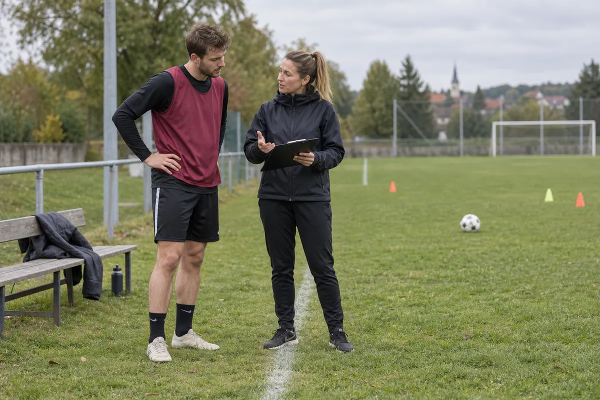 Ein erwachsener Fußballspieler im Trainingsleibchen bespricht sich am Spielfeldrand mit einer Trainerin