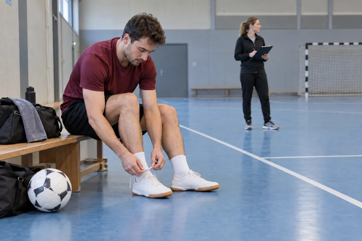 Ein erwachsener Fußballer schnürt am Rand einer Sporthalle seine Hallenschuhe, während eine Trainerin die freie Spielfläche betrachtet