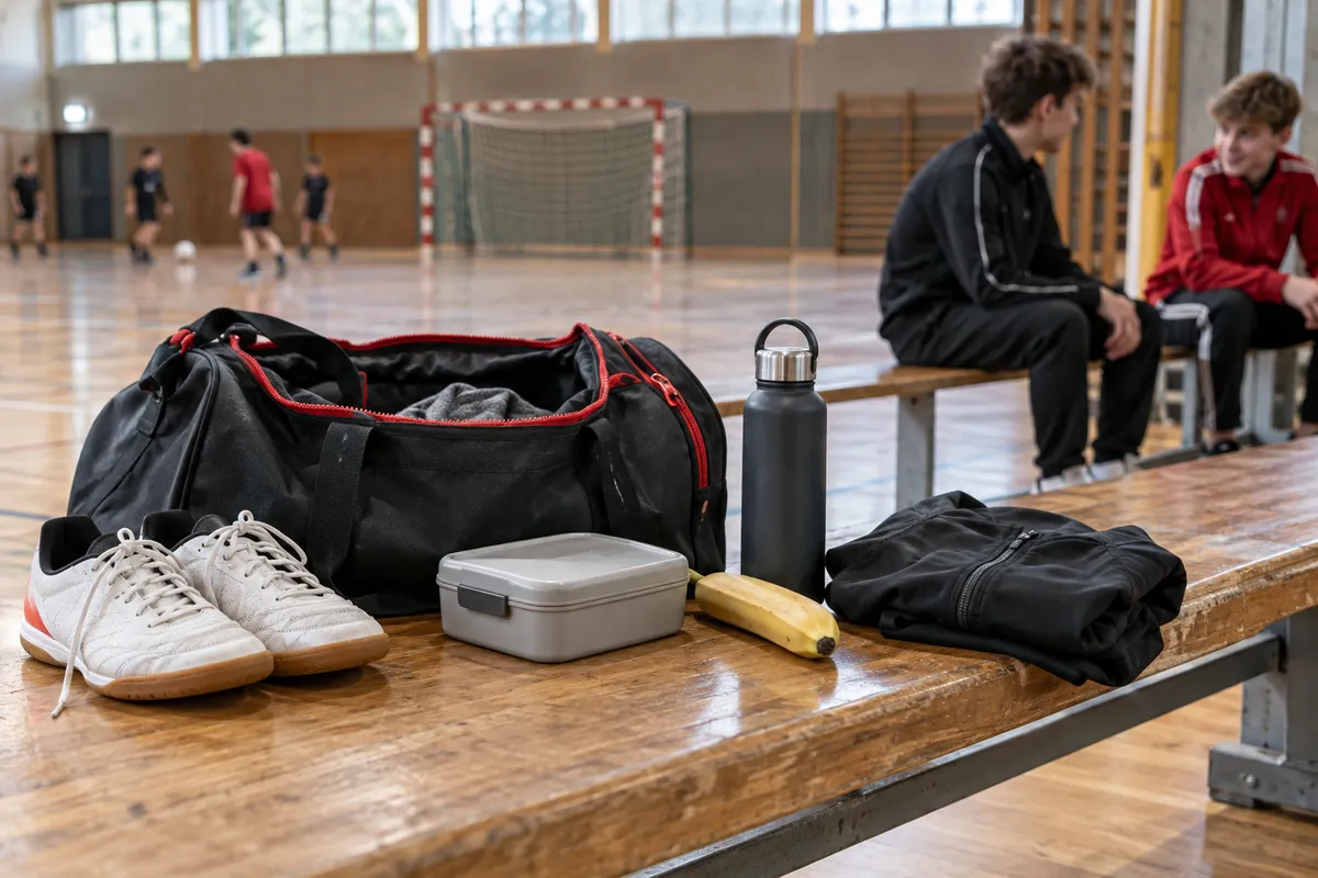 Sporttasche, Hallenschuhe, Brotdose und Trinkflasche auf einer Bank; zwei Jugendliche warten am Rand der Sporthalle