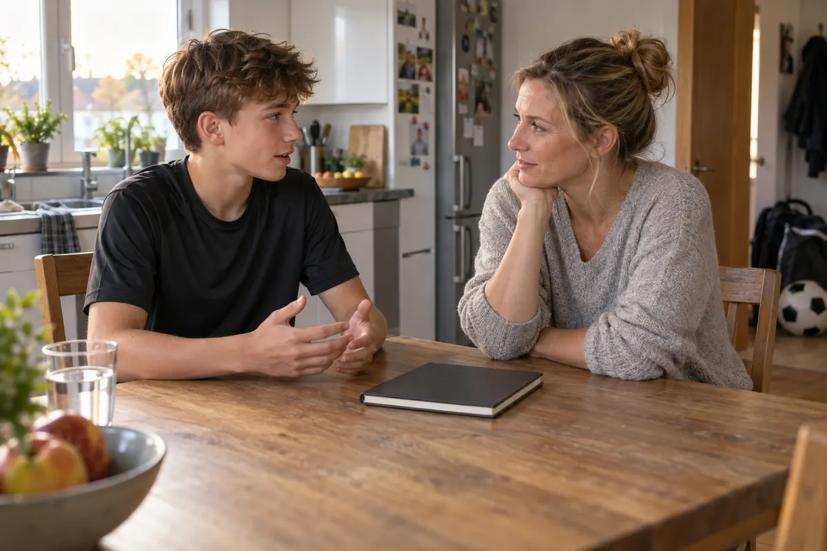 Ein Jugendlicher spricht zu Hause am Küchentisch mit seiner Mutter, eine Sporttasche steht im Hintergrund