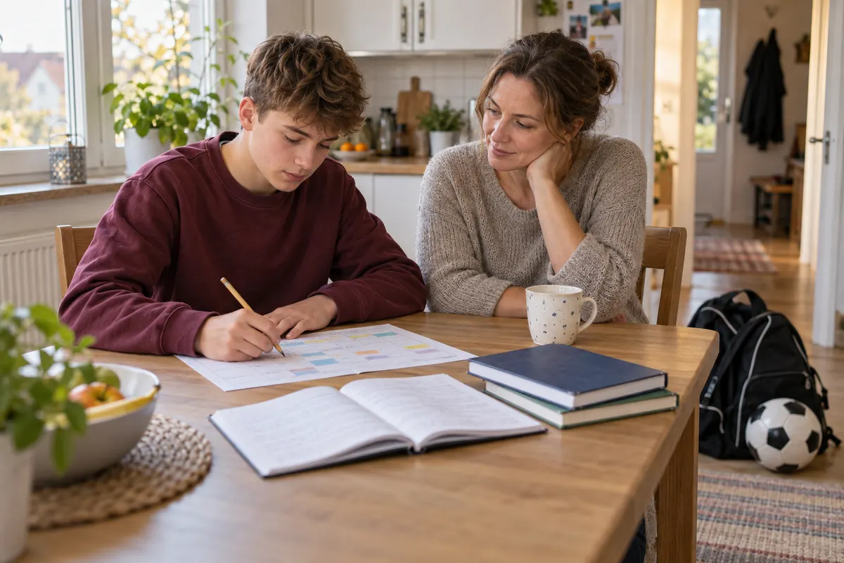 Ein Jugendlicher und seine Mutter besprechen einen Wochenplan am Küchentisch; daneben liegen Schulsachen und eine Fußballtasche