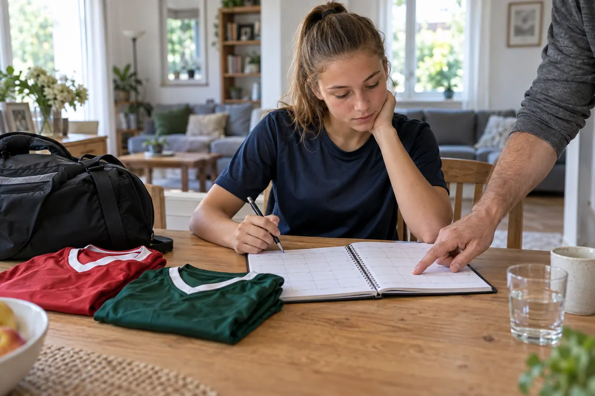 Eine Jugendliche betrachtet einen Wochenkalender, daneben liegen zwei verschiedenfarbige Fußballtrikots