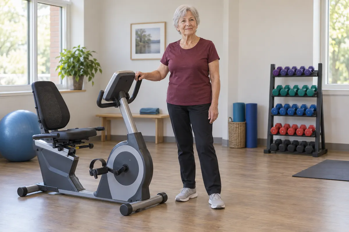 Eine ältere Frau steht entspannt neben einem Sitzergometer in einem hellen Trainingsraum mit ordentlich abgelegten Kurzhanteln