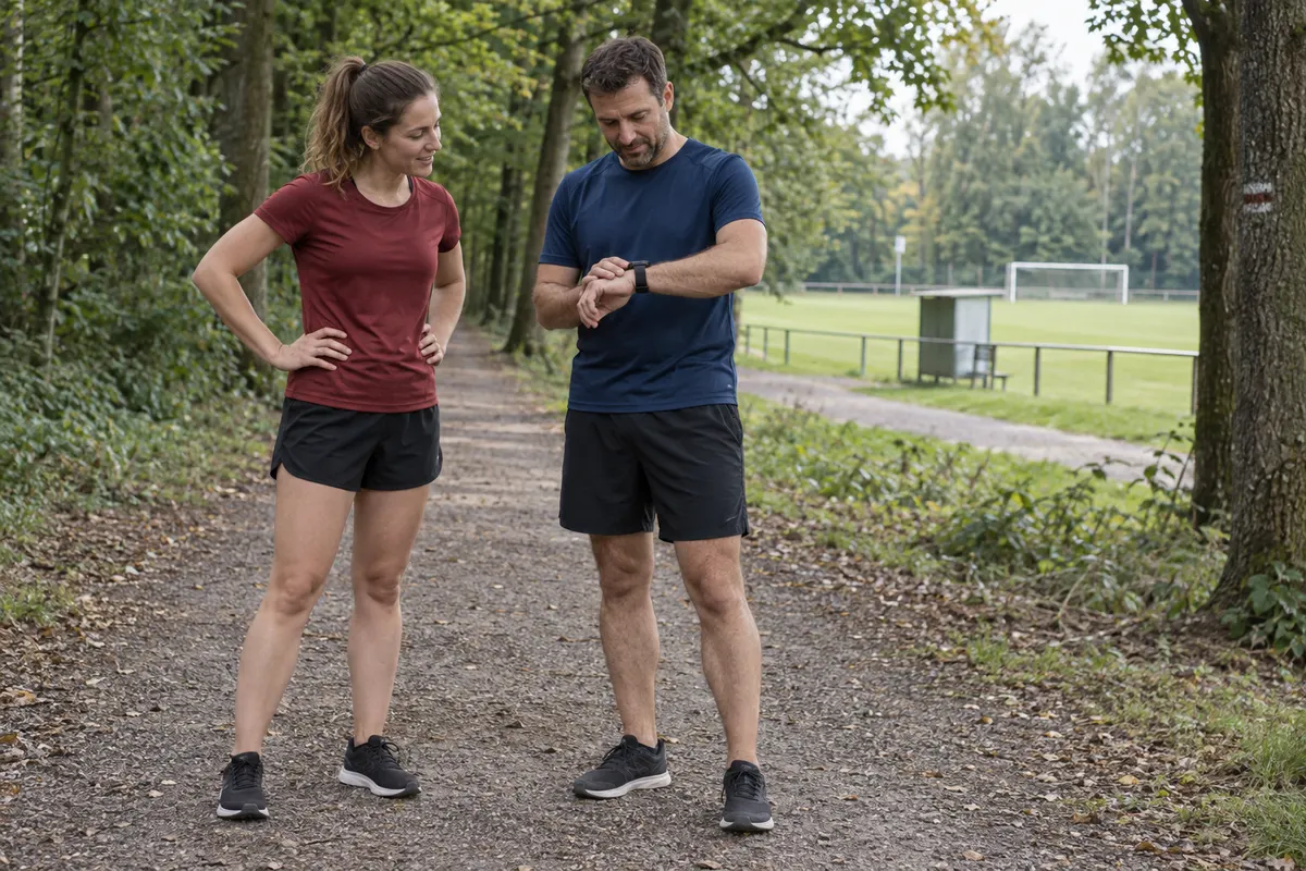 Zwei Erwachsene besprechen am Rand eines Laufwegs ihre nächste Trainingseinheit