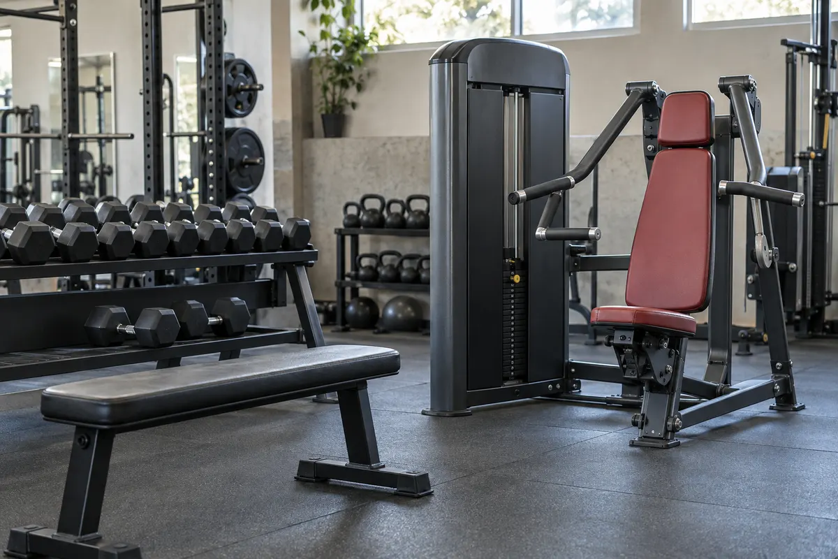 Kurzhanteln und eine Trainingsbank stehen neben einer Kraftmaschine in einem Fitnessstudio
