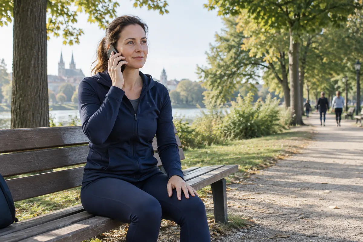 Eine erwachsene Sportlerin sitzt auf einer Parkbank und führt ruhig ein Telefongespräch neben einem freien Spazierweg