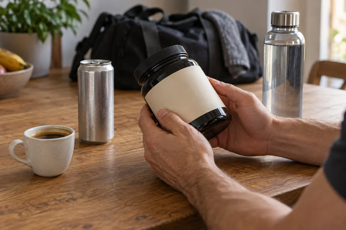 Hände halten eine neutrale geschlossene Supplementdose; daneben stehen Kaffee, eine Getränkedose und Wasser