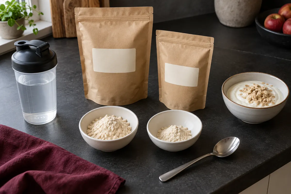 Zwei neutrale Beutel und zwei Schälchen mit unterschiedlichen Pulvermengen stehen neben einem Shaker und Joghurt