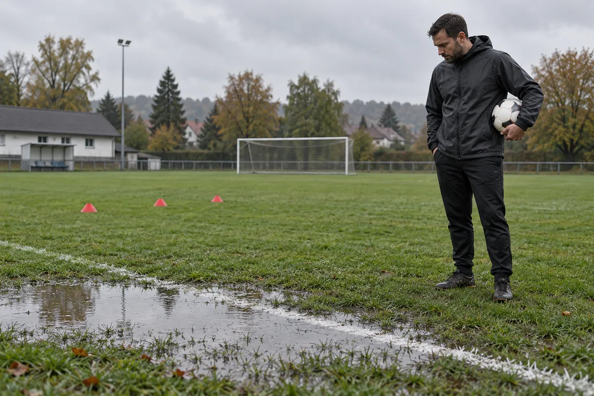 Ein Trainer betrachtet eine Wasserfläche am Rand eines nassen Fußballplatzes vor dem Training