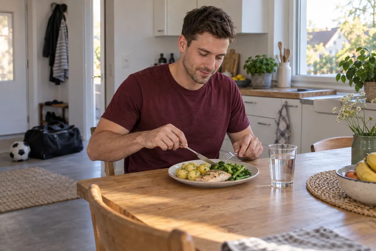 Ein erwachsener Fußballer isst zu Hause Kartoffeln, Gemüse und Fisch mit Wasser; seine Sporttasche steht abseits am Eingang
