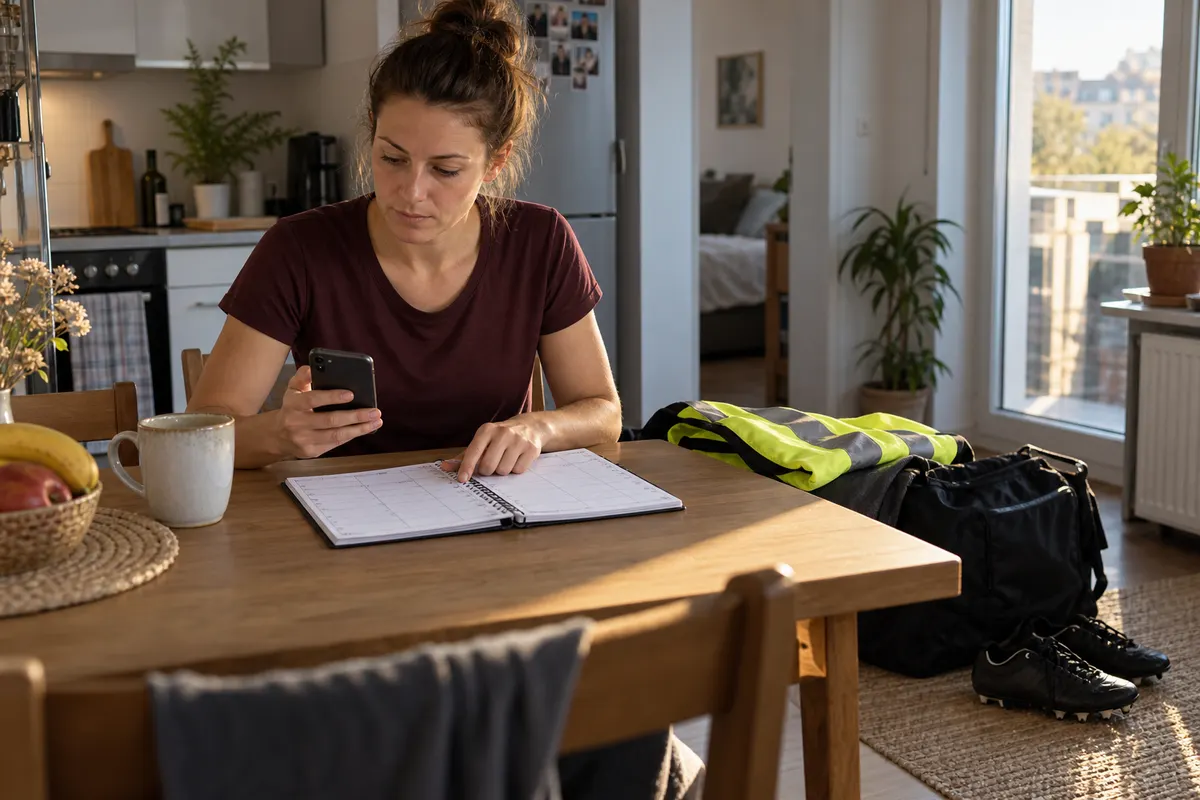 Eine erwachsene Sportlerin vergleicht am Küchentisch ihren Wochenplan mit dem Handy; Arbeitsweste und Fußballtasche liegen daneben