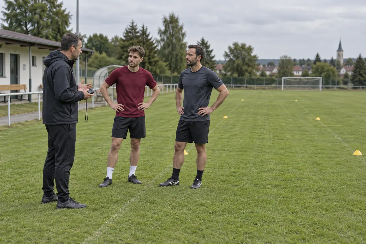 Zwei erwachsene Fußballspieler hören ihrem Trainer mit Stoppuhr während einer Pause neben der markierten Laufbahn zu
