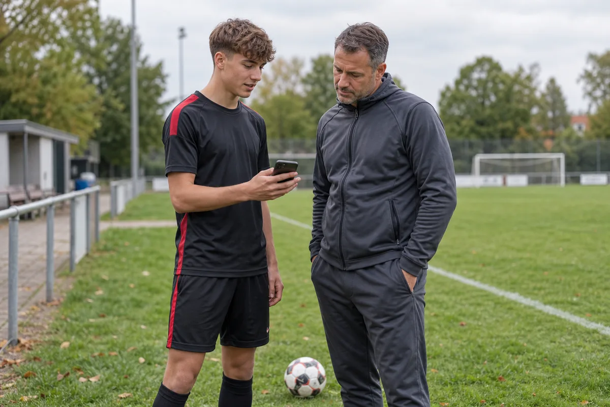 Ein Jugendfußballer zeigt einem Trainer am Spielfeldrand einen Trainingsclip auf seinem Smartphone