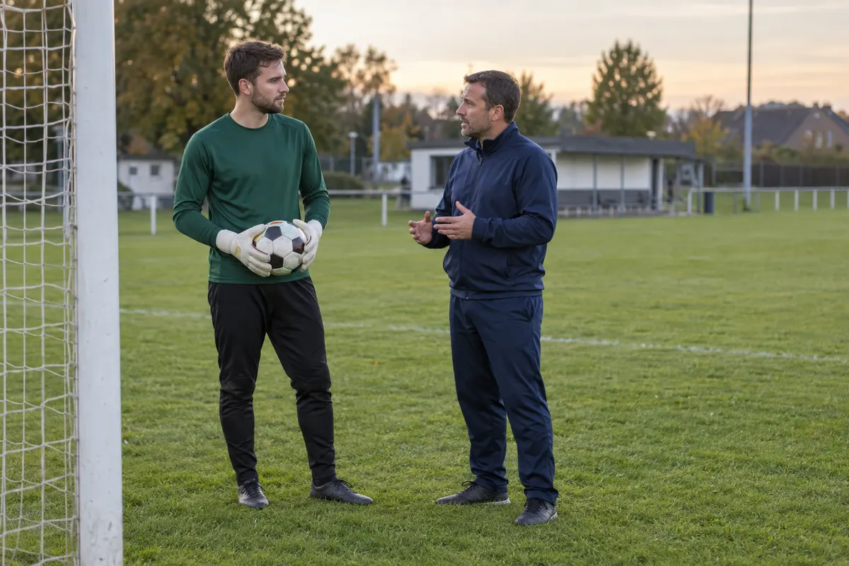 Ein erwachsener Torwart mit Ball und Handschuhen bespricht am Rand des Tores die Trainingseinheit mit seinem Trainer