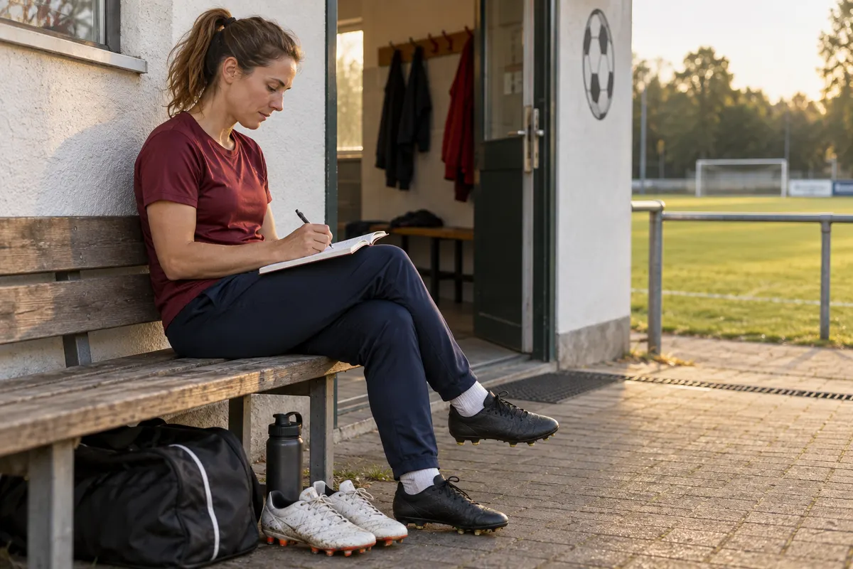 Eine erwachsene Fußballerin notiert nach dem Training einen Eintrag in ihrem Heft auf einer Bank am Vereinsheim